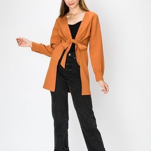 Open Front Tie Camel Long Cardigan Blazer Shirt Over Coat New